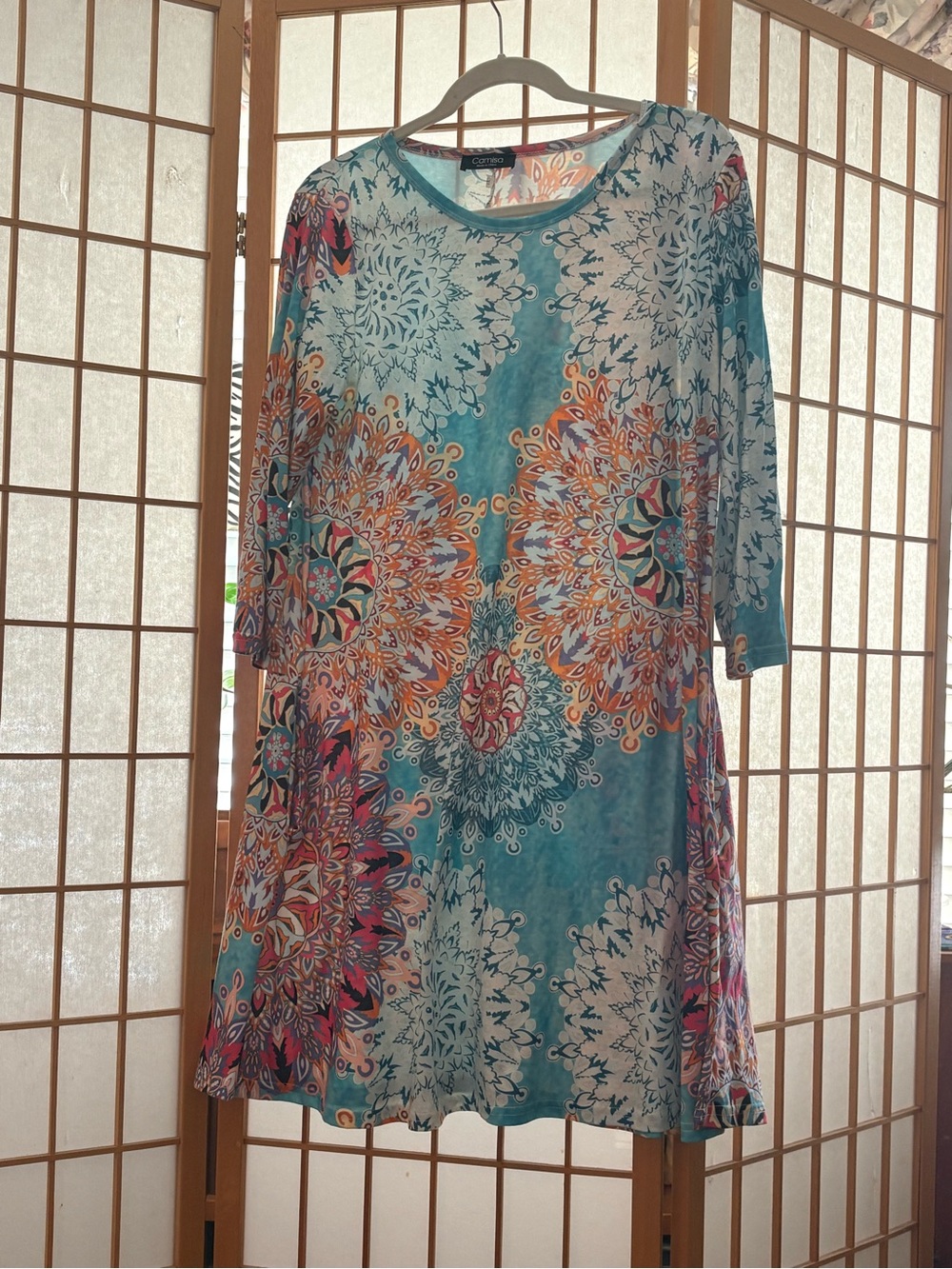 Carmisa Women's Teal Boho Midi Dress with Mandala Print XL
